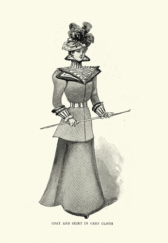 Vintage illustration Coat and skirt in grey cloth, Women's fashions of the 1890s, 19th Century period costume