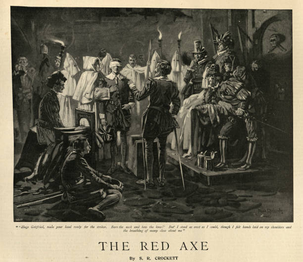 istock Blindfold man interrogated before a cabal of hooded men, Victorian dystopian fantasy 1430465506
