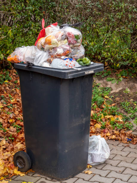 ゴミ袋付きのフルゴミ箱 - garbage can garbage overflowing full ストックフォトと画像