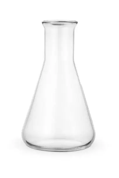 Empty 250 ml Erlenmeyer chemical flask isolated on white background.