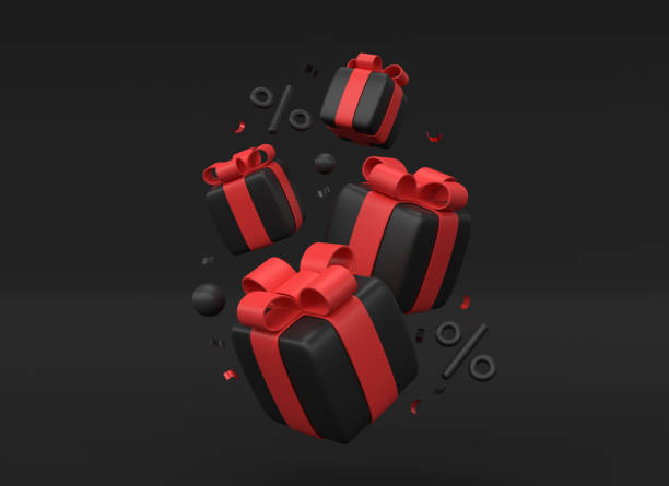 istock 3d black gift boxes with red bows in the fall, percentage icon and confetti in a minimalistic realistic style.banner for advertising sale for black friday or new year.3d rendering. 1430471636