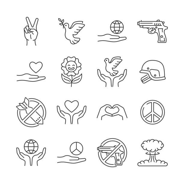 ilustraciones, imágenes clip art, dibujos animados e iconos de stock de conjunto de iconos de línea de paz. el pacifismo esboza símbolos con paloma, pistola, casco, flor, bomba. no hay signo vectorial de guerra. - war globe symbols of peace weapon