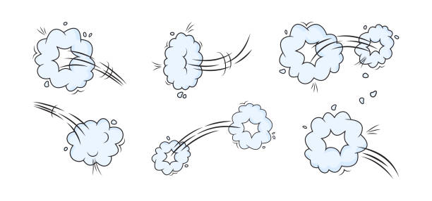 облачный прыжок, мультяшный пуф, свист, скорость дыма, затяжка ветровой мухи со значком вектора следа. абстрактная комическая иллюстрация - comic book cartoon poof exploding stock illustrations