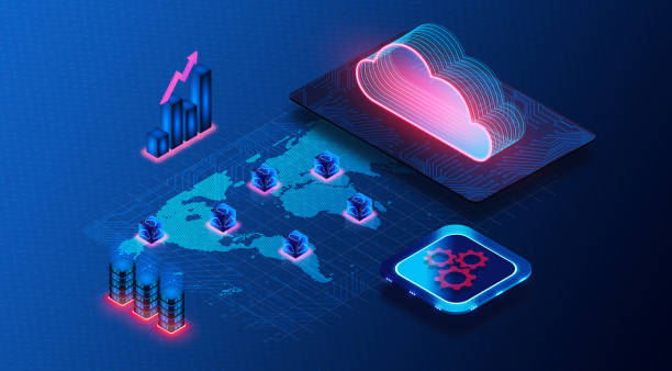 ilustraciones, imágenes clip art, dibujos animados e iconos de stock de concepto de proveedor de servicios en la nube de hyperscaler - hyperscale computing - ilustración 3d - grid servers