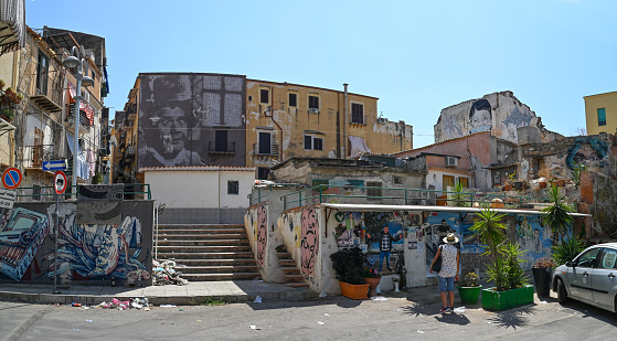 Palermo, Sicily, Italy - September 10, 2022: This square was wanted in this symbolic place because here - continued Li Causi - Franco Franchi began his artistic apprenticeship with the classic Posteggia or the street artist, climbing up a chair as if it were a stage starting to make faces, playing the accordion, and singing.