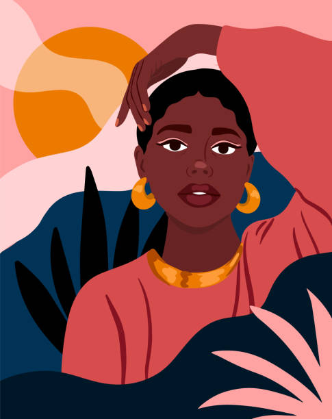 ilustrações, clipart, desenhos animados e ícones de retrato de mulher afro-americana. estilo plano da moda. garota forte negra, ilustração vetorial - only women illustrations