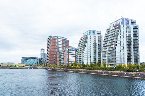 View across the Manchester ship canal at Salford Quays, Manchester, UK.