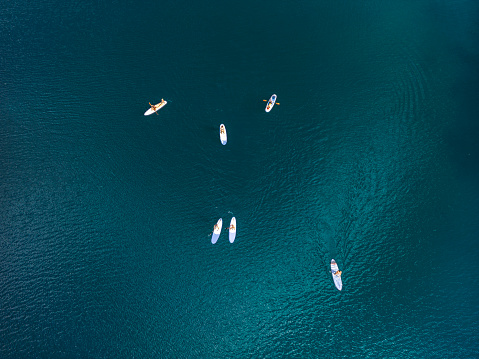 Top down view of six unrecognizable people paddle boarding on a lake.