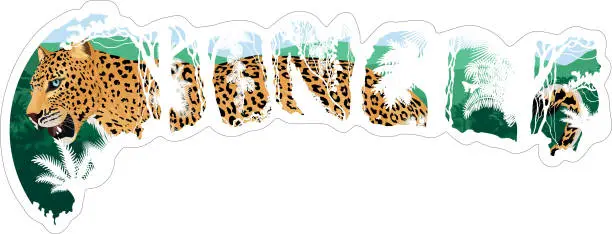 Vector illustration of Vector sticker - tropical rainforest Jungle with jaguar