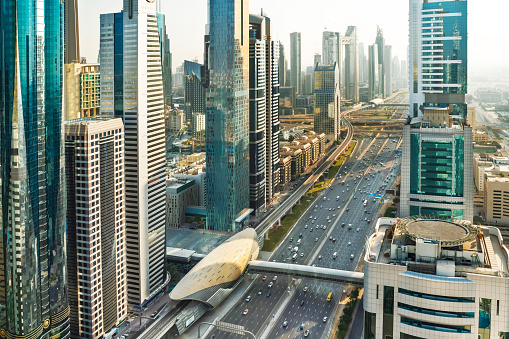 Aerial view of downtown Dubai. District DIFC (Dubai International Financial Center) is a federal financial-free zone located in the emirate of Dubai, United Arab Emirates. It is located on the Sheikh Zayed Road, not far from the Burj Khalifa.