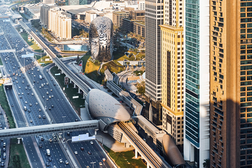 Aerial view of a Downtown Dubai. Sheikh Zayed Road Dubai, Downtown, United Arab Emirates.