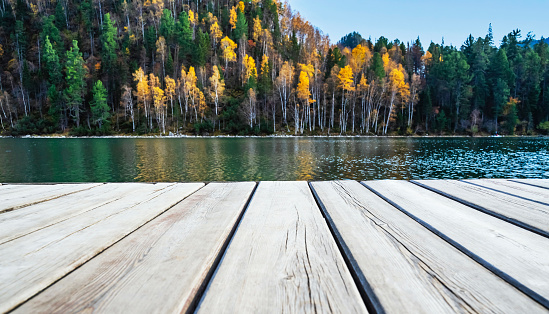 Beautiful forest with reflection in the water and wood planks. Beauty nature.  Natural background for autumn vacation, soft focus, space for text