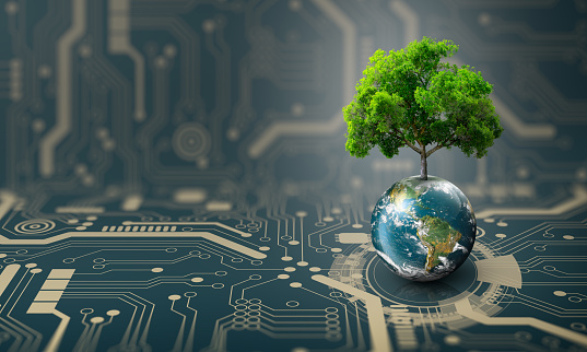 Tree growing on Earth. Digital and Technology Convergence with Technology Background. Green Computing, Green Technology, Green IT, csr, and IT ethics Concept. Elements furnished by NASA. (\