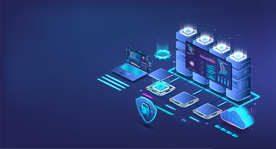 Data Processing Center and Cloud Storage. Isometric digital storage. Server room of cloud computing technologies and technologies of network computing. Data storage and cyber security. Blue 3D vector