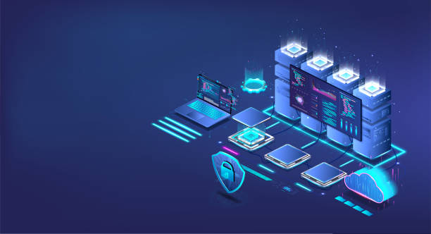 Data Processing Center and Cloud Storage. Isometric digital storage Data Processing Center and Cloud Storage. Isometric digital storage. Server room of cloud computing technologies and technologies of network computing. Data storage and cyber security. Blue 3D vector television host stock illustrations