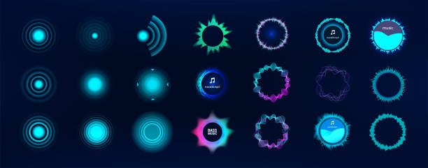 stockillustraties, clipart, cartoons en iconen met voice signal circle elements, set audio equalizer technology in hud - radiogolf