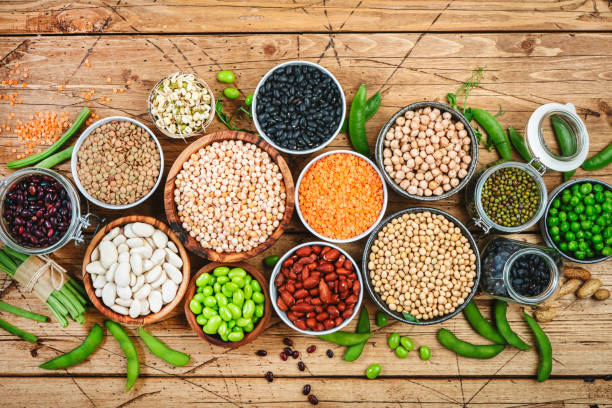 Legumes, beans and sprouts. Dried, raw and fresh, top view. Lentils, mung beans, chickpeas, soybeans, edamame, peas, Healthy diet food, vegan protein, micronutrients and fiber sources stock photo