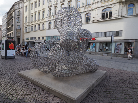 Brno, Czech Republic - Circa September 2022: Four bulbs tribute to Edison monument by sculptor Tomas Medek circa 2008
