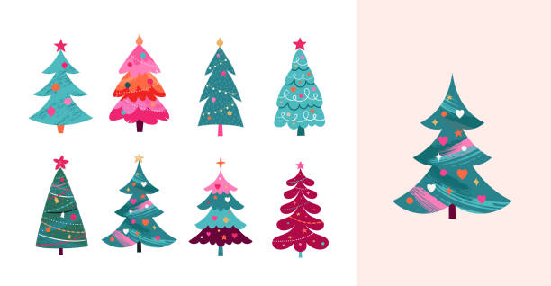 illustrations, cliparts, dessins animés et icônes de retro christmas trees design elements collection pour le nouvel an 2023 - sapin de noel