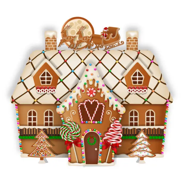 Vector illustration of christmas gingerbread house with candies and lollipops
