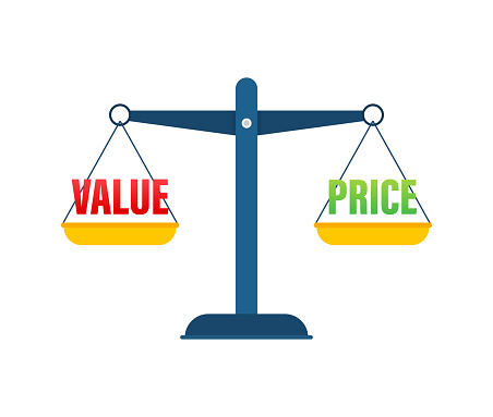 Value and Price balance on the scale. Balance on scale. Business Concept. Vector illustration