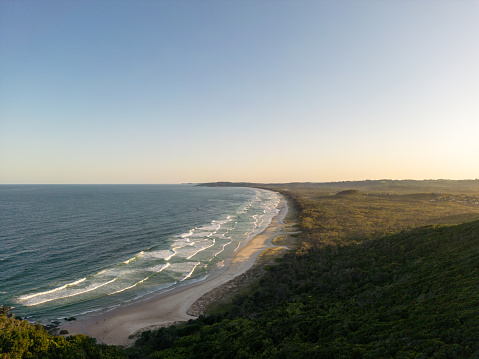 Sweeping view of Tallow Beach, Byron Bay, Australia in the late afternoon