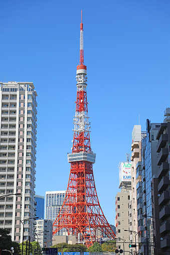 This is the Tokyo Tower located in Shiba Park, Minato-ku, Tokyo.\nIt is a truss structure radio tower with two observation decks, completed in 1958.