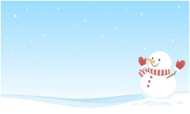 ilustraciones, imágenes clip art, dibujos animados e iconos de stock de ilustración vectorial de fondo invernal con espacio de copia. muñeco de nieve en un paisaje nevado. - made in japan