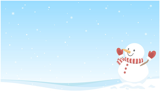 Vector illustration of winter background with copy space. Snowman in snowy landscape.