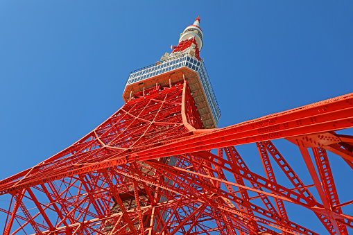 This is the Tokyo Tower located in Shiba Park, Minato-ku, Tokyo.\nIt is a truss structure radio tower with two observation decks, completed in 1958.