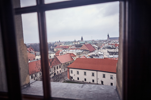Krakow, Poland - March 19, 2014 : High angle view of the city from a window at The Wawel Royal Castle
