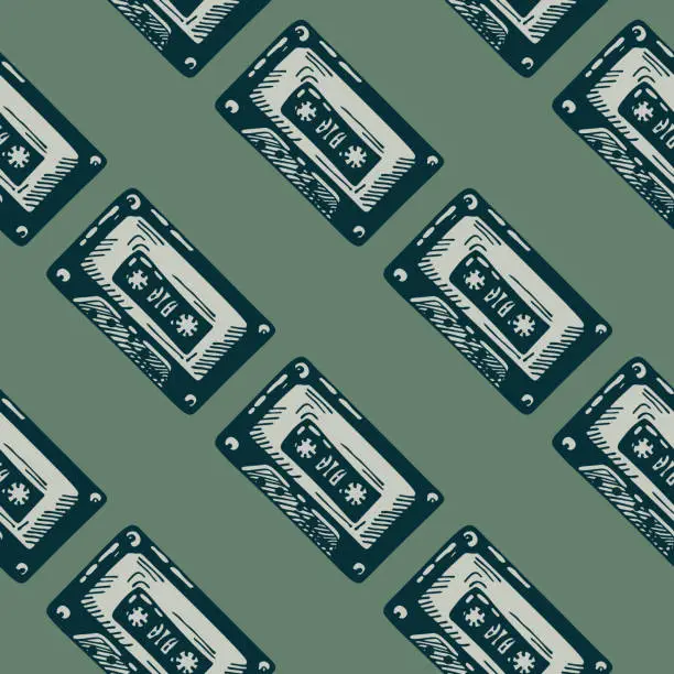 Vector illustration of Audio cassette tape engraved seamless pattern. Vintage music cassette tape in hand drawn style.