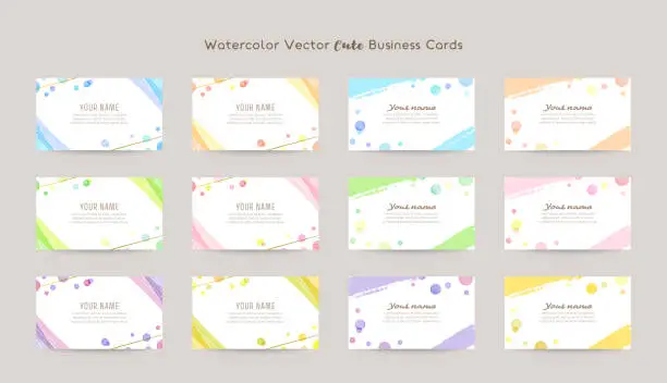 Vector illustration of Vector design templates with colorful watercolor bubbles, gold lines; business cards