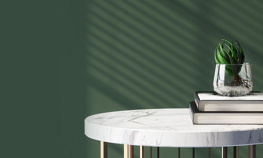 Modern and luxury round pedestal side table with white marble top in sunlight from window blinds on green wall in background