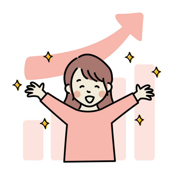 ilustraciones, imágenes clip art, dibujos animados e iconos de stock de gráfico ascendente/mujer feliz - siguiente nivel expresión