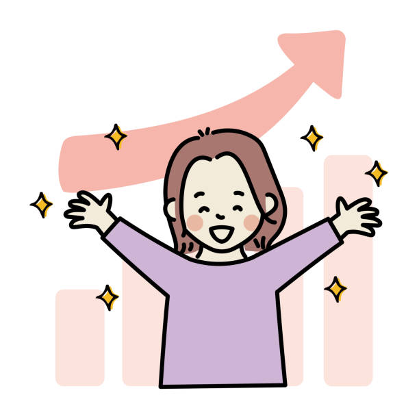 ilustraciones, imágenes clip art, dibujos animados e iconos de stock de gráfico ascendente/mujer feliz - siguiente nivel expresión