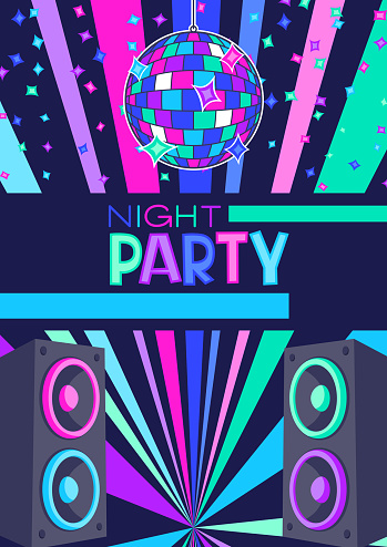 Disco party flyer or concert poster. Colored background or invitation.