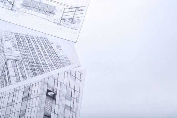 istock Background with architectural drawings. Sheets with sketches of buildings. 1430541633
