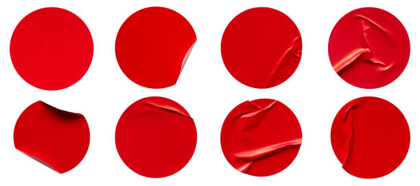 A set of blank red round adhesive paper sticker label isolated on white background. stock photo