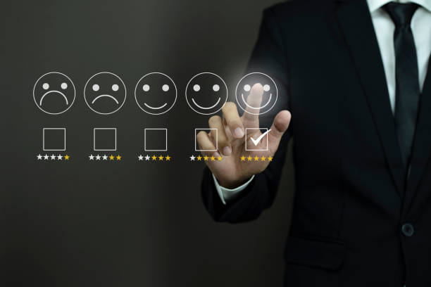 istock User give rating 5 star to service experience on online application. 1430544832