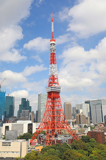 This is the Tokyo Tower located in Shiba Park, Minato-ku, Tokyo.\nIt is a truss structure radio tower with two observation decks, completed in 1958.