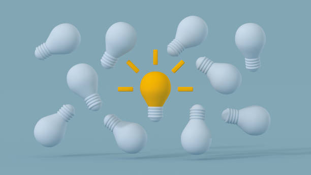 istock Outstanding glowing light bulb among turned off ones 3D render illustration 1430550322