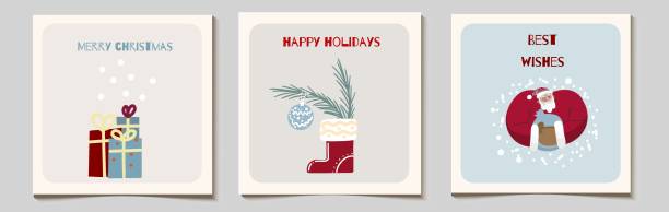 set weihnachtsvektor geschenk quadratische karten oder tag-set, weihnachtsmann mit sack, geschenke in boxen, schuh, stiefel mit tannenzweigen und dekorationen, beste wünsche und frohe weihnachten. - nikolaus stiefel stock-grafiken, -clipart, -cartoons und -symbole