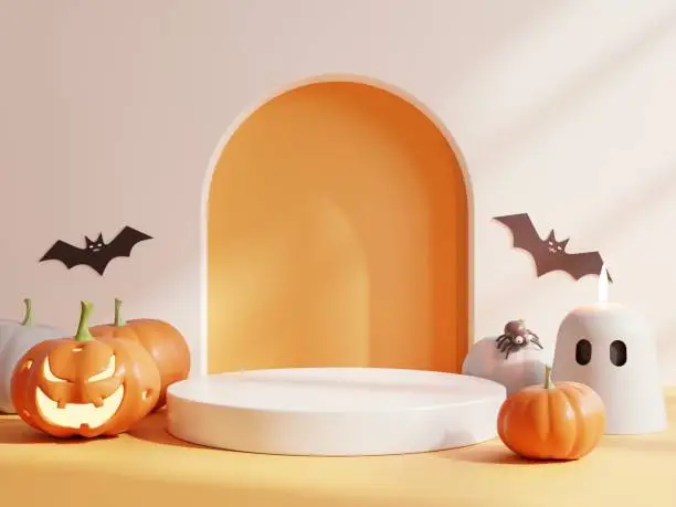 Photo of Halloween with podium platform have pumpkins,bat,spider,ghost.