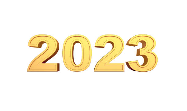 istock Happy new year 2023 gold text isolated on white background, 3D rendering illustration 1430558519