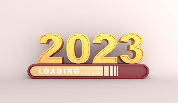 istock Happy new year 2023 background concept with loading progress bar, 3D rendering illustration 1430558592