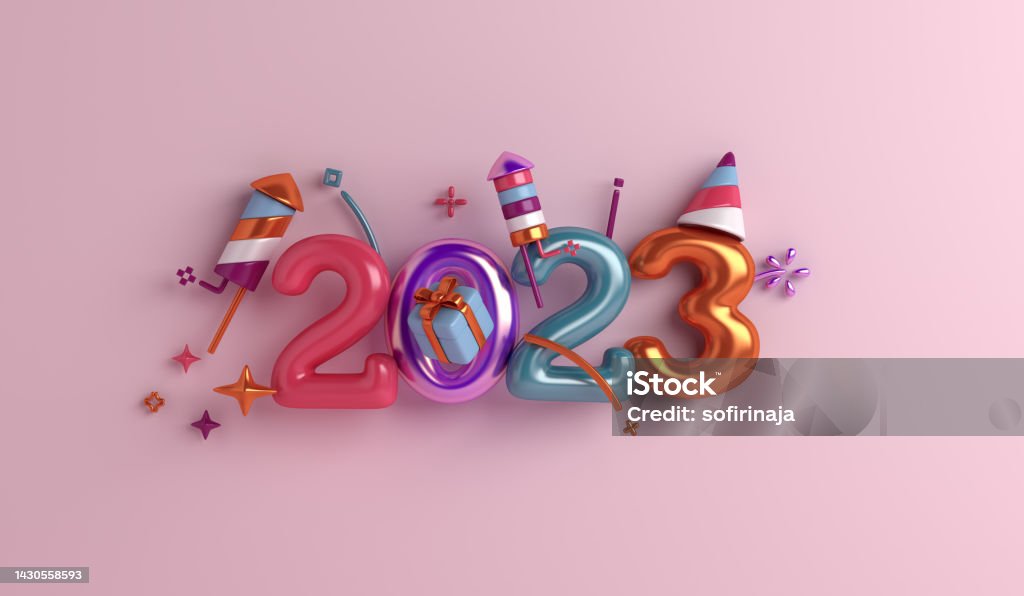 Happy new year 2023 decoration background with firework rocket, gift box, 3D rendering illustration 2023 Stock Photo
