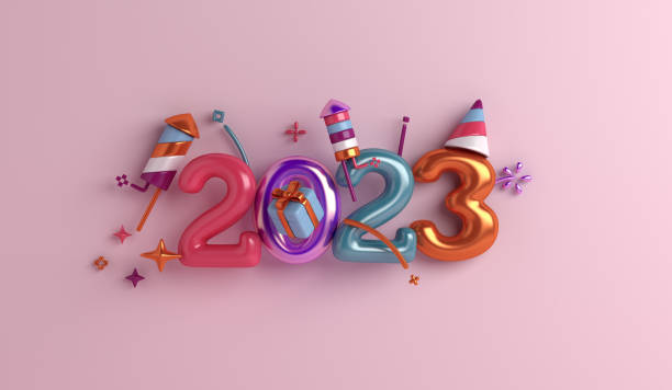 szczęśliwego nowego roku 2023 tło dekoracji z rakietą fajerwerków, pudełkiem prezentowym, ilustracją renderującą 3d - new years day zdjęcia i obrazy z banku zdjęć
