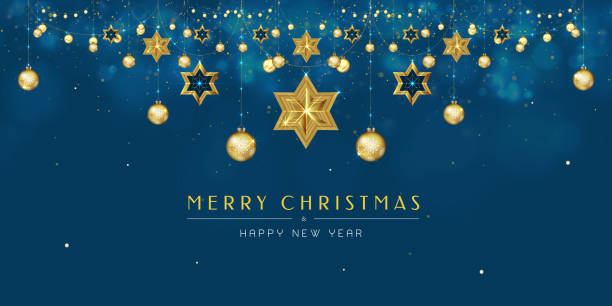 Merry Christmas and Happy New Year Background Merry Christmas and Happy New Year Background with golden hanging ball and star christmas christmas card christmas decoration decoration stock illustrations