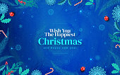 istock Minimal Christmas Background. Festive design of sparkling lights blue garland, realistic balls baubles 1430560083